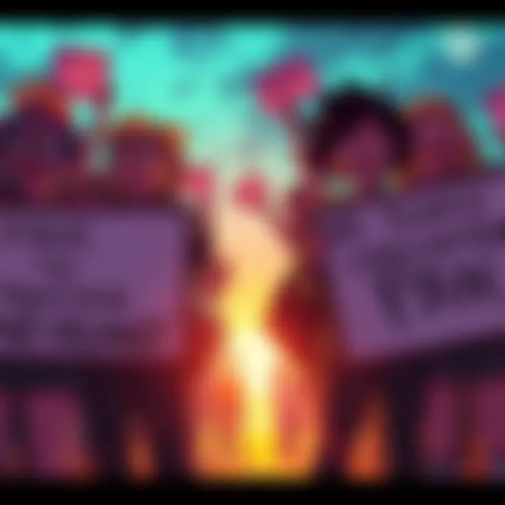 A group of fans expressing disappointment over Season 2 of The Promised Neverland, holding posters with critical messages about the show's storyline and character changes.