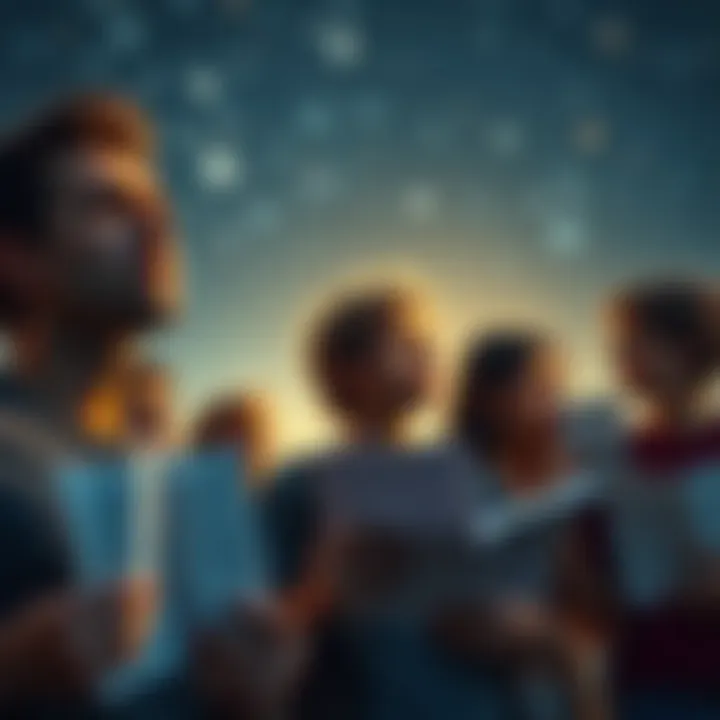 Group of fans showing disappointment over an unfinished story, holding pages in hand and looking at the sky