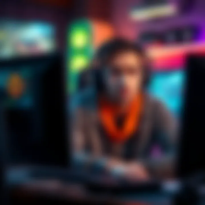 A passionate gamer with a focused expression, showing frustration while looking at their game screen, surrounded by gaming gear.