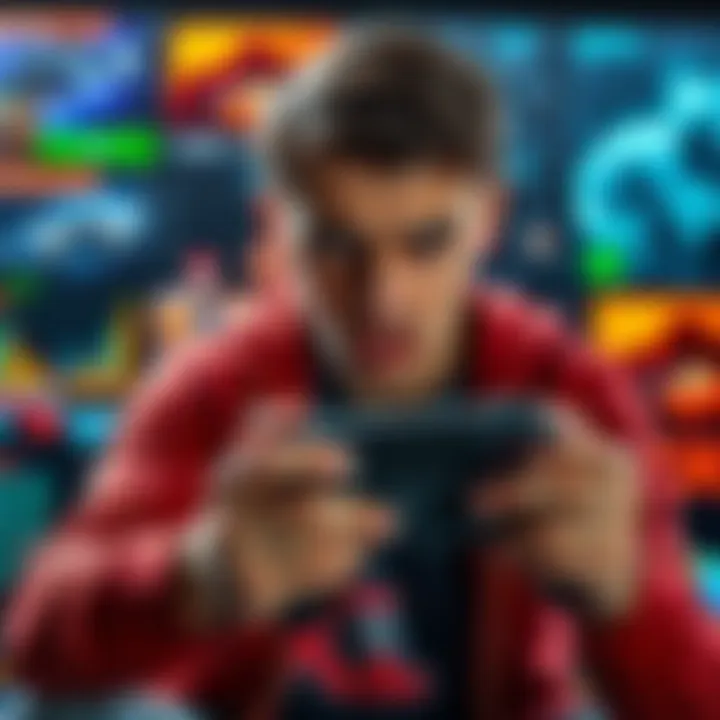 Frustrated Gamer Holding Controller A gamer looks frustrated while holding a video game controller with a background of game graphics, showing performance issues.