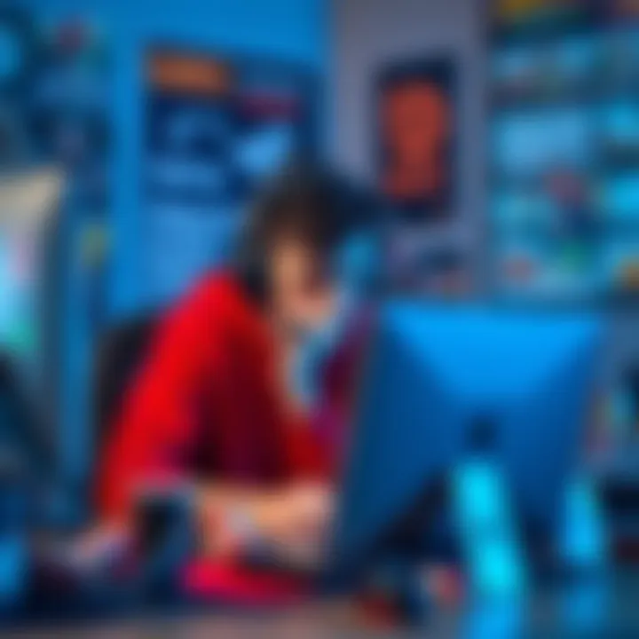 Frustrated Gamer Quits A player sitting in front of a computer, looking discouraged with a gaming headset, surrounded by game-related posters and snacks