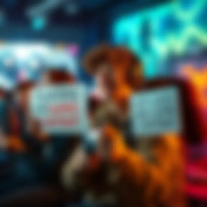 A group of gamers showing frustration in front of their screens, holding signs that demand more game content, depicting a busy gaming environment