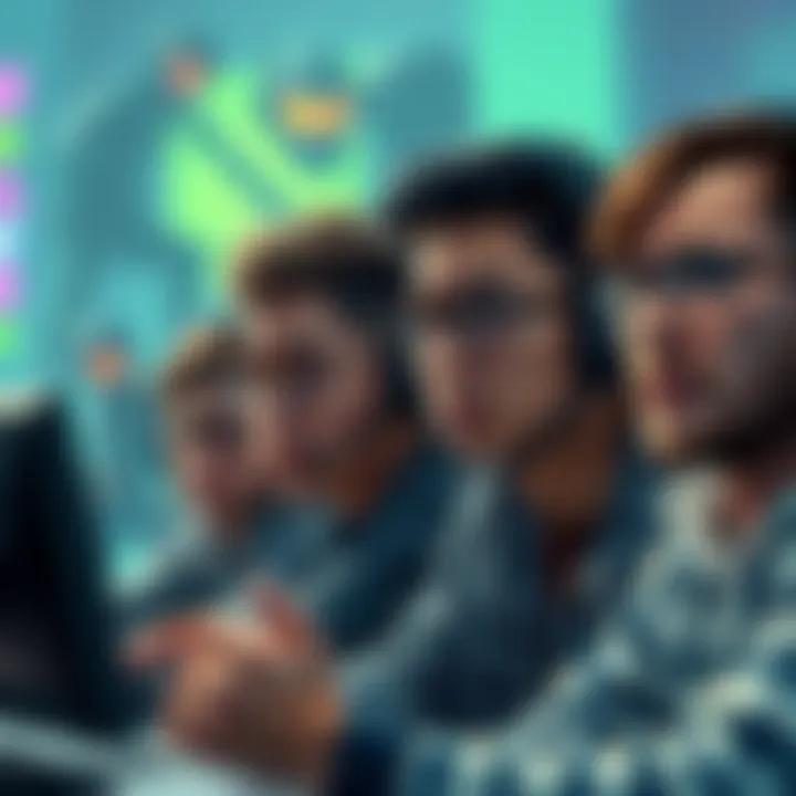 A group of gamers looking frustrated while discussing game changes, with characters from the game in the background.