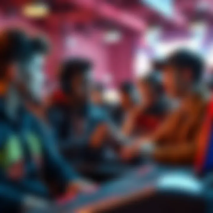 A group of gamers expressing frustration over cheesy tactics in a competitive fighting game at a local gaming event