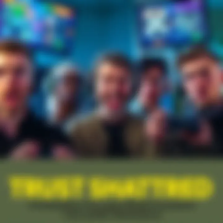 A group of gamers showing frustration while playing, with expressions of disappointment and broken trust on their faces, surrounded by game interfaces on screens.