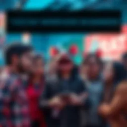 A group of people expressing frustration about a character shown on various banners, engaging in conversation.