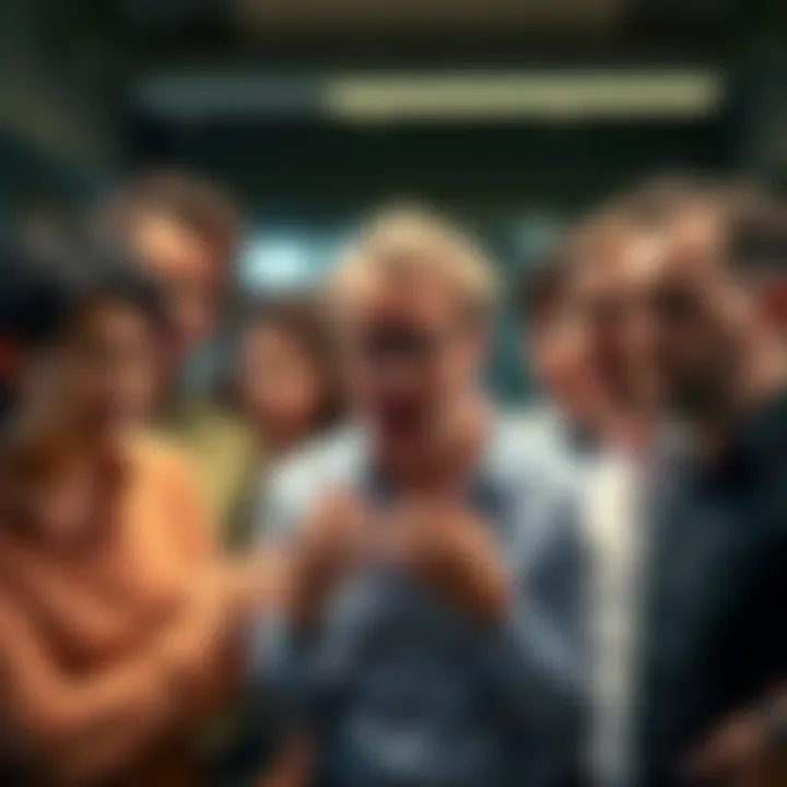 A group of people animatedly discussing differing opinions, showing expressions of frustration and disagreement.