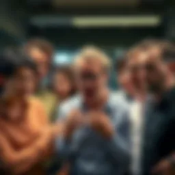 Frustrated people debating opinions A group of people animatedly discussing differing opinions, showing expressions of frustration and disagreement.