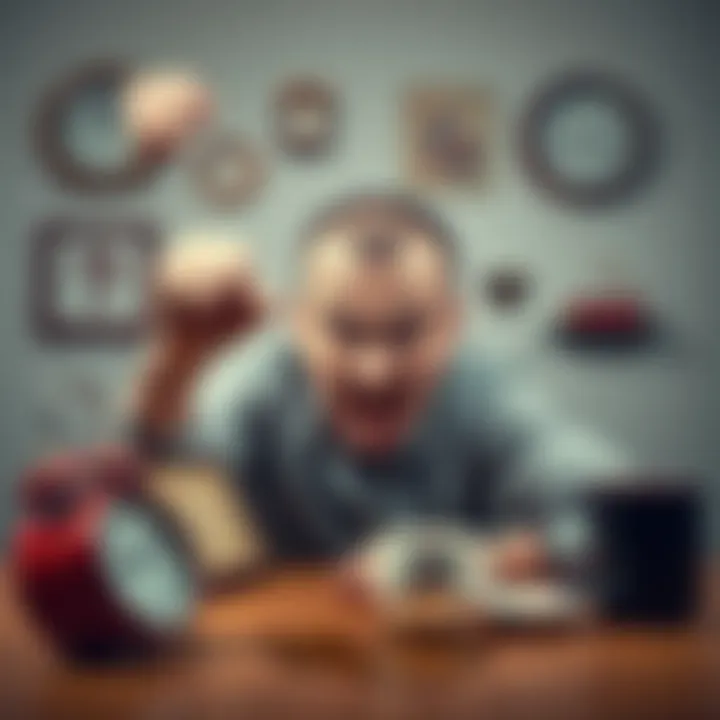 A person showing frustration with a raised fist and a scowl, surrounded by everyday objects like a clock and spilled coffee, representing common stressors in life.