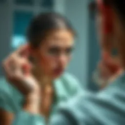 A person looking annoyed while trying to adjust their dangling earrings in front of a mirror