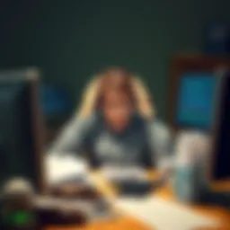 Frustrated Person A person with a frustrated expression sitting at a desk surrounded by paperwork and a computer screen showing error messages
