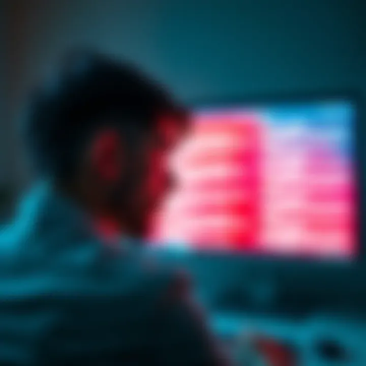 A person showing frustration while looking at a computer screen filled with repeated posts on an online forum