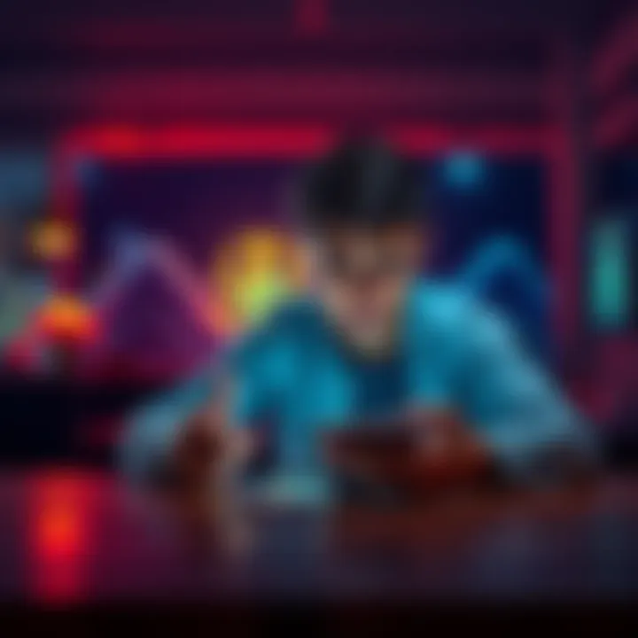 Frustrated person looking at a tablet A person sitting at a table with a frustrated expression while looking at a tablet screen showing symbols of gods