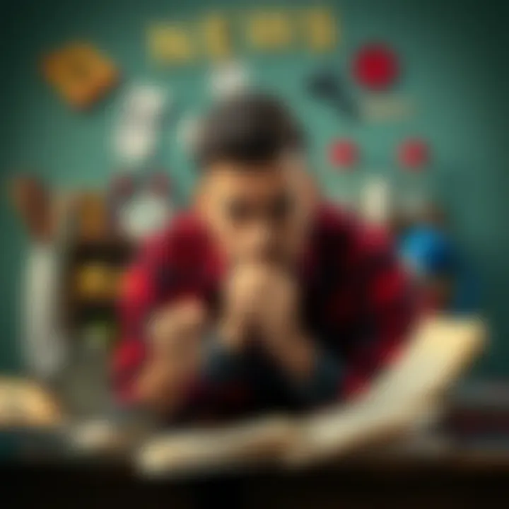 A person looking annoyed while holding their head in their hands, surrounded by everyday items that represent common annoyances like a loud alarm clock and messy papers.