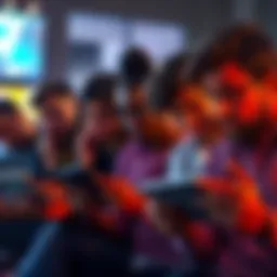Frustrated players discussing art update A group of diverse players expressing frustration while reviewing art updates on their devices, showing disappointment and concern over starting from scratch.