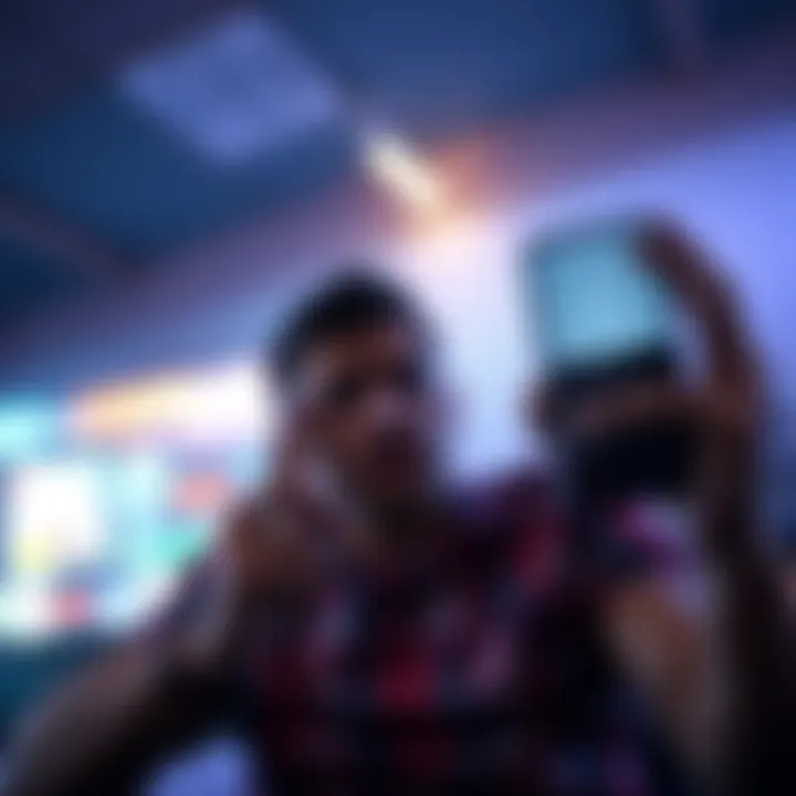 A person looking frustrated at their device screen, showing buffering icon while trying to stream content
