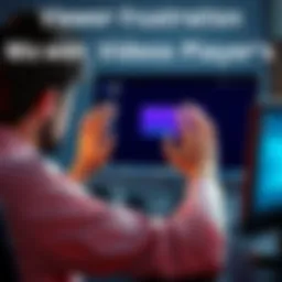 A person looking frustrated at their computer while trying to use Crunchyroll's video player, showing a buffering symbol on the screen.