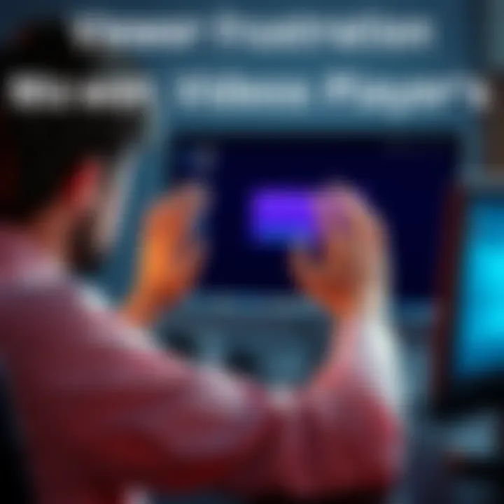 A person looking frustrated at their computer while trying to use Crunchyroll's video player, showing a buffering symbol on the screen.