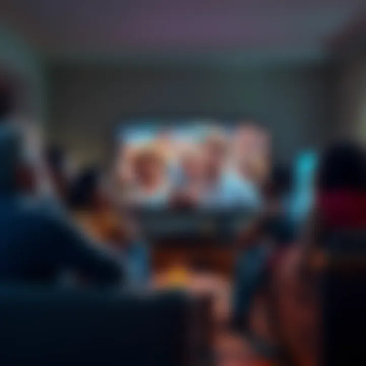 A group of diverse people in a living room, looking disappointed while watching a movie remake on TV
