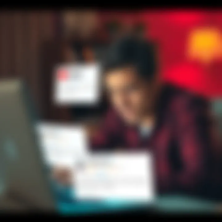 A person looking annoyed while using a laptop with YouTube notifications popping up on the screen