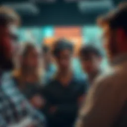 A group of people discussing their concerns about the strict rules on a meme forum, showing expressions of frustration and disagreement