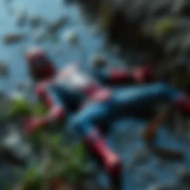 Scene of FTL Spiderman lying dead in a ditch, surrounded by grass and debris