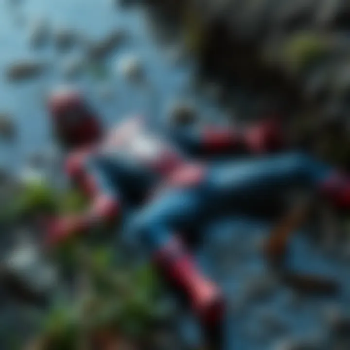 Scene of FTL Spiderman lying dead in a ditch, surrounded by grass and debris