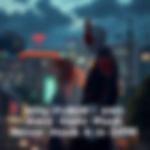 Fubuki and Amai Mask standing together, looking at each other with a mix of admiration and tension, set against a city backdrop.