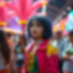 Fubuki wearing a vibrant outfit with bold colors at Mela, surrounded by attendees admiring her style.