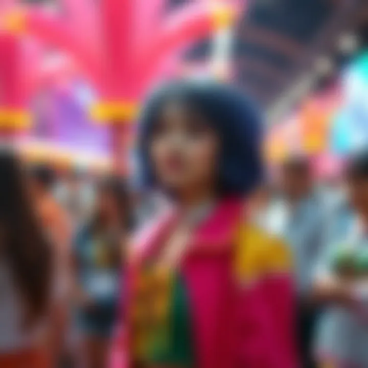 Fubuki wearing a vibrant outfit with bold colors at Mela, surrounded by attendees admiring her style.