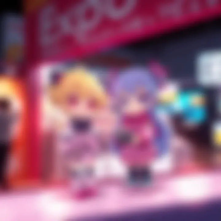 Fubuki and Polka at the Expo Fubuki and Polka invite fans to share Holostars plushie photos at the Expo, with colorful displays and Shinri's doodles in the background.