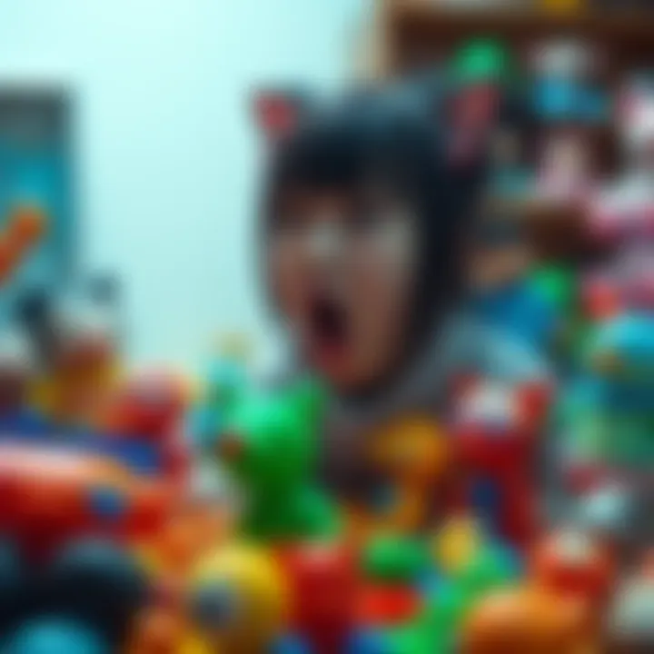 Fubuki surrounded by colorful kids' toys, looking intrigued and playful