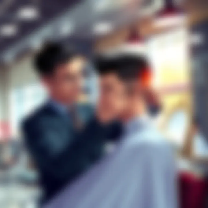 Barber showing Fudou Akio haircut A barber demonstrating the Fudou Akio hairstyle to a client in a bright salon