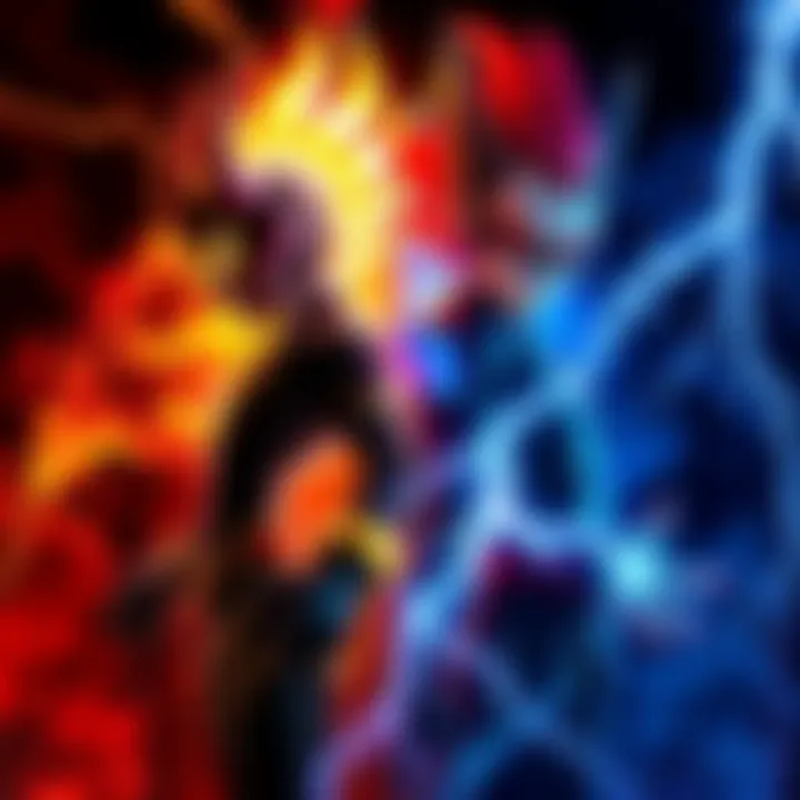 Fuegoleon and Gaja standing back to back, showcasing their cool character designs with fire and lightning elements around them.