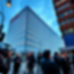 Fuji Company Building Exterior view of the Fuji company headquarters surrounded by media and reporters questioning company transparency.