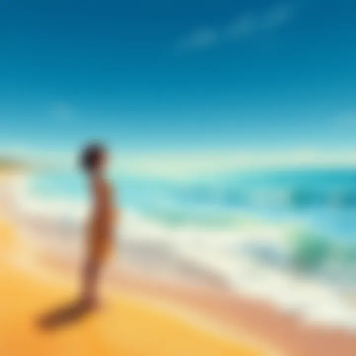 Fujiko stands at the shoreline, looking out over a sparkling ocean with gentle waves. The beach has golden sand and a bright blue sky, hinting at its magical age-altering effects.