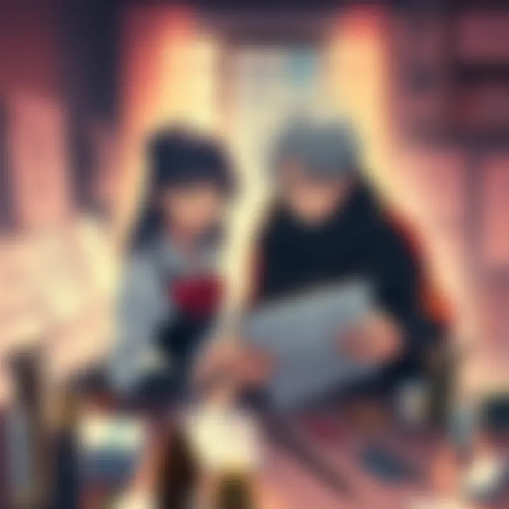 Fujimoto working on a manga with a mysterious collaborator, surrounded by sketches and art supplies, expressing intense emotions