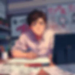 Fujimoto sitting at a desk, looking worried, surrounded by sketches of his new manga, with a happy fan art in the background