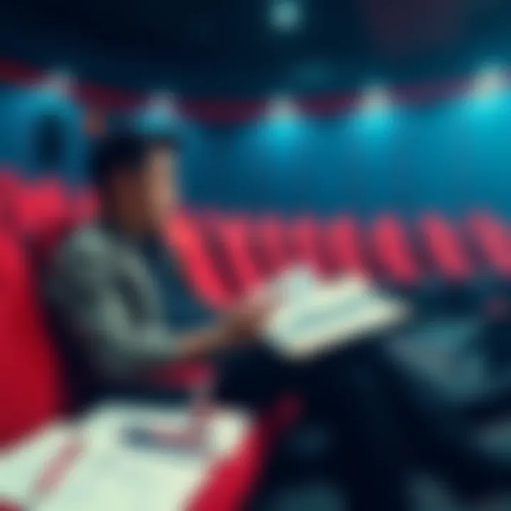 Tatsuki Fujimoto sitting in a theater, analyzing a movie with notes and sketches around him