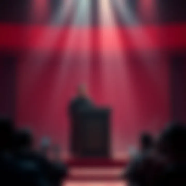 Fujimoto stands at a podium addressing the audience with a dramatic backdrop, suggesting tension over his claims about the missing devil.