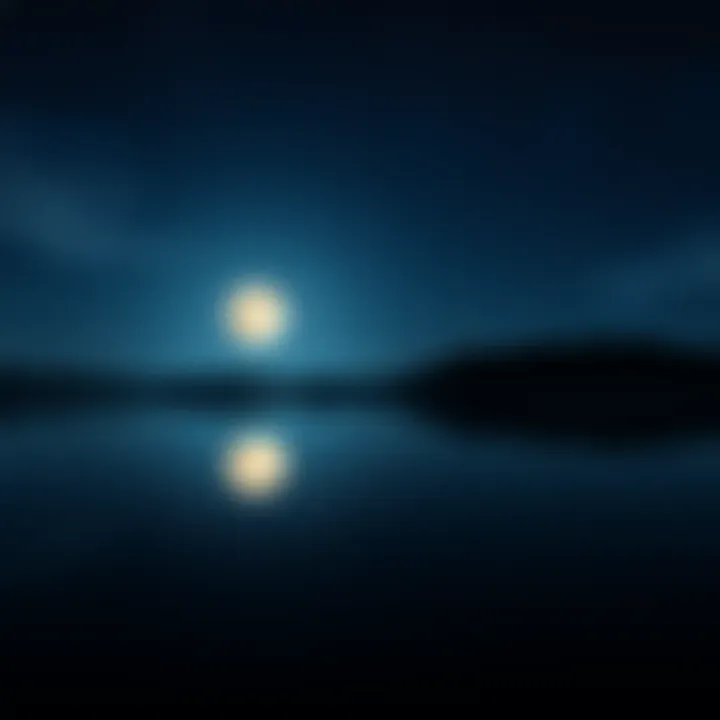 A bright full moon reflecting on a calm lake under a starry sky