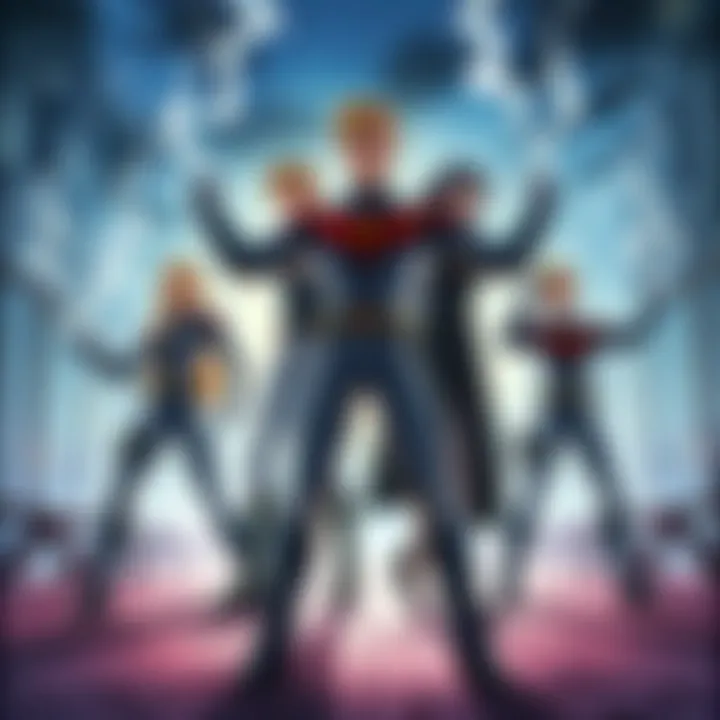 A scene depicting the main characters from Fullmetal Alchemist in a dynamic stance, showcasing their alchemical powers with a city backdrop.