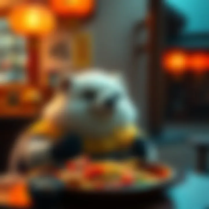 A calm scene of Fumo happily eating, surrounded by a serene setting that promotes tranquility.