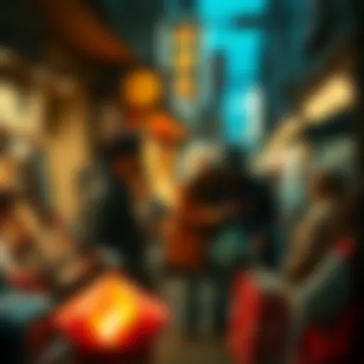 Fumo Dealers in Action A group of fumo dealers interacting in an urban setting, showing their goods and engaging with the community.