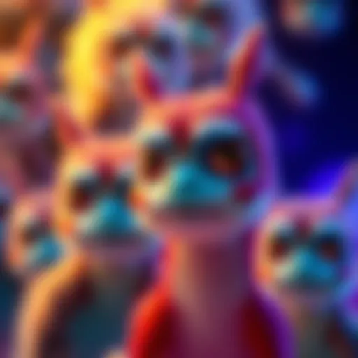 Fumos with Four Eyebrows A graphic showing fumos, unique creatures with four distinct eyebrows, highlighting their unusual features in a colorful setting.