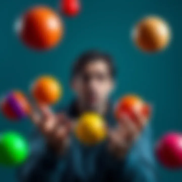A person juggling colorful balls while looking frustrated, representing the balance of fun and challenges in life