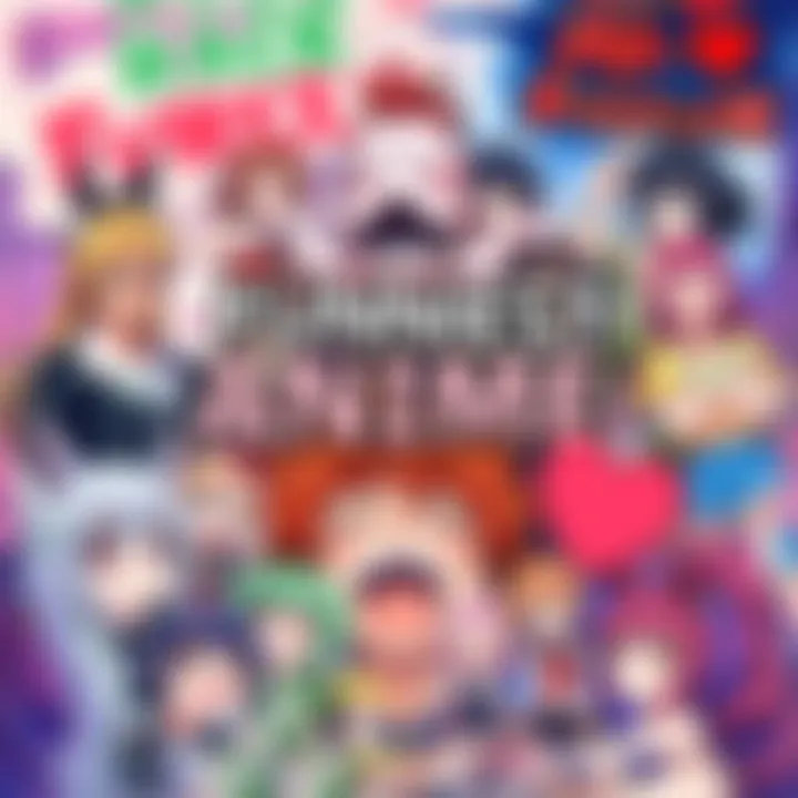 A colorful collage of outrageous and humorous anime titles, featuring characters in funny poses and whimsical backgrounds, creating a playful atmosphere.
