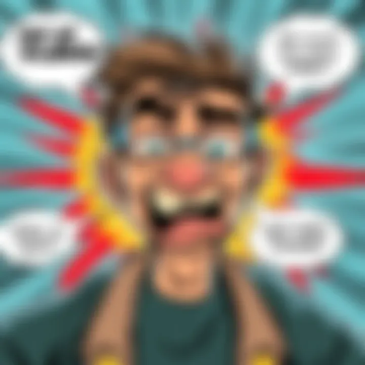 A humorous comic panel showing a character making an absurd expression with exaggerated features, surrounded by playful dialogue bubbles