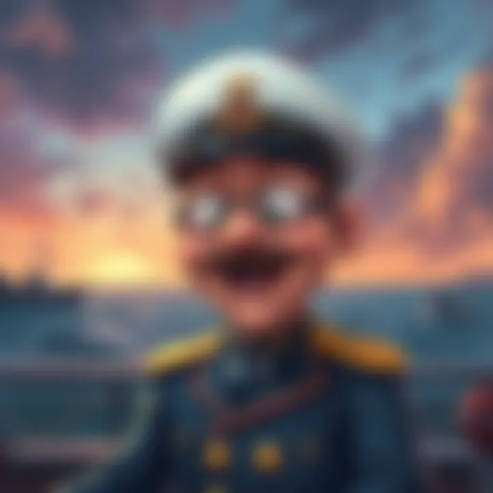 A humorous illustration of an admiral figure with a playful twist related to 'admiral sub' phenomenon, featuring quirky expressions and a nautical background.