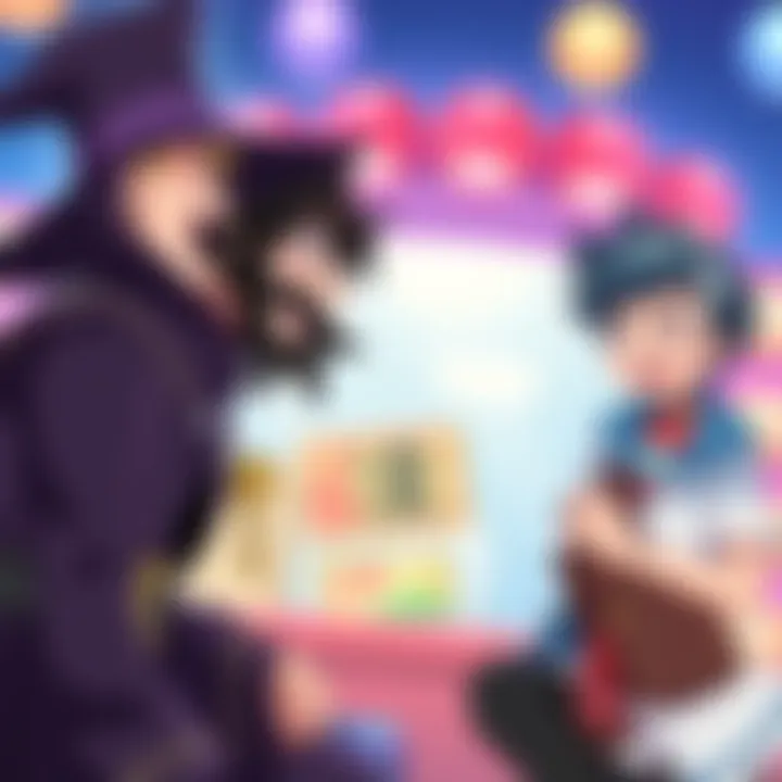 A scene featuring characters from popular comedy anime, including a mage and a quirky student, sharing a laugh in a colorful setting.